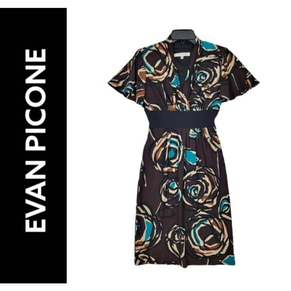Evan Picone Size 4 Women's Multicolored Sheath Dress V neck Short Sleeves